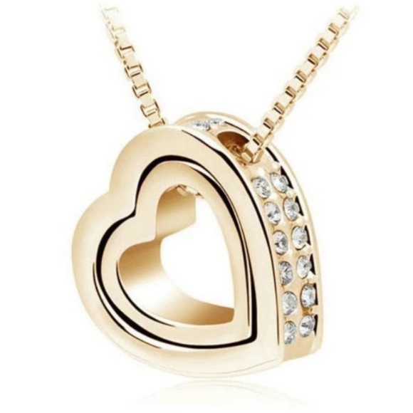 Swarovski Elements Gold Tone Double Heart Fashion Necklace NWT - Picture 1 of 5